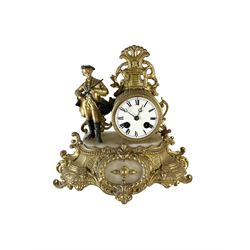 French - Alabaster and gilt-spelter 8-day mantle clock c1880, with a drum cased movement and huntsman on an alabaster and gilt plinth, white dial with  Roman numerals, minute track and steel moon hands, count wheel striking movement, striking the hours and half hours on a bell. With pendulum and key. 