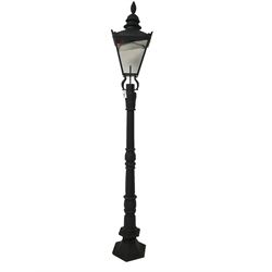 Victorian design cast iron street lamp with black lantern top, the fluted column and turned with foliate design, on octagonal base