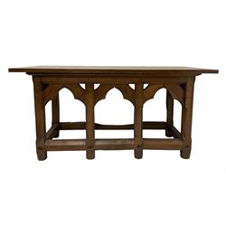 Large oak alter table, the rectangular top with carved pattee crosses, raised on squared supports 