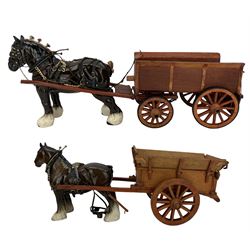 Beswick brown gloss Shire horse with cart and another similar horse and cart, largest measures L74cm including cart (2)