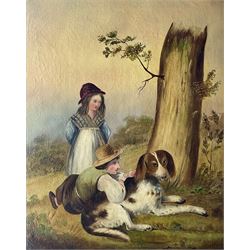 English Naive/Primitive School (19th century): Children in Clearing with Spaniel, oil on canvas unsigned housed in Watts style gilt frame 75cm x 62cm