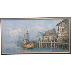 French School (20th century): Fishing Boat in Harbour, oil on canvas signed 'Florence' 60cm x 120cm
