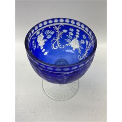 Set of six blue flashed wine glasses, the bowls engraved with flowers and scrolling foliage, H14cm (6)