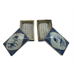 Matched pair of 18th/ 19th century Chinese blue and white rectangular boxes, both having inscriptions to the interior and floral decoration to the cover, L12cm (2)