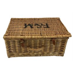 Small mahogany bow fronted corner wall cupboard and a Fortnum & Mason wicker picnic basket (2)