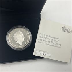Five The Royal Mint United Kingdom 2018 silver proof piedfort five pound coins, comprising 'The 65th Anniversary of the Coronation of Her Majesty The Queen', 'Four Generations of Royalty', '1918 Representation of the People Act', 'Celebrating the 70th Birthday of HRH The Prince of Wales' and 'The Royal Wedding', all cased with certificates (5)