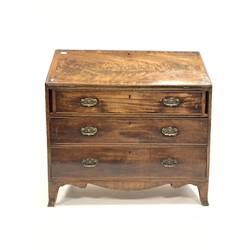  19th century mahogany bureau, the fall front with inlaid brass revealing fitted interior over three graduated drawers, raised on splayed bracket feet, W110cm, H110cm, D52cm  