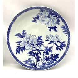 Pair of Japanese blue and white chargers decorated with chrysanthemum flowers and edged with geometric border D42.5cm, (2)