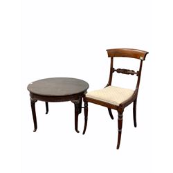 Mid 19th century mahogany dining chair, shaped and scroll carved crest and back rail over drop in upholstered seat, raised on turned and splayed front supports, together with a circular mahogany occasional table 