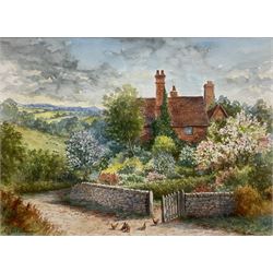 Charles Henry Clifford Baldwyn (British 1859-1943): Country Cottage with Chickens, watercolour signed 25cm x 35cm
Notes: Baldwyn was a Worcester artist, starting work at the Royal Worcester porcelain factory at the age of 15. He was most famous for his beautiful paintings of swans in flight.