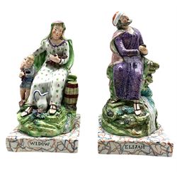 Pair of early 19th century Staffordshire Pearlware figures of 'Elijah' and 'Widow', on square marbled bases H24cm