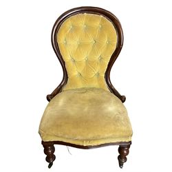 Victorian mahogany spoon back nursing chair, in buttoned upholstery