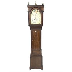 Late Georgian mahogany longcase clock, the white painted enamel dial with Roman and Arabic chapter ring, moon phase to arch, subsidiary seconds ring and date aperture, signed 'I Pinkifs Brigg' eight day movement striking hours hammer on bell H220cm
