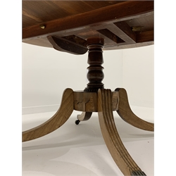Regency mahogany circular tilt top dining table with crossbanded border on a vase turned column and reeded quartette splay supports D134cm 
