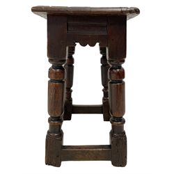 18th century oak joint stool, moulded rectangular top on turned supports joined by plain stretchers, pegged construction 