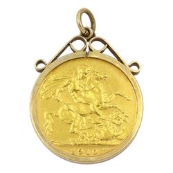 King Edward VII 1910 gold full sovereign coin, loose mounted in 9ct gold pendant
