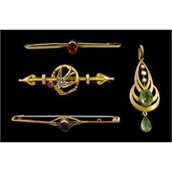 Art Nouveau gold peridot and seed pearl pendant, gold swallow bar brooch, amethyst brooch and a citrine bar brooch, all 9ct
