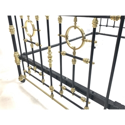 Victorian brass and iron double bedstead, with Vono cross rails and raised on ceramic castors 