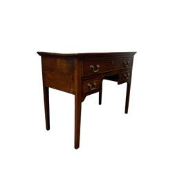Georgian elm lowboy, the rectangular top over one long and two short drawers, raised on square support 