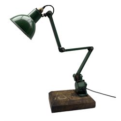 Mid 20th century industrial anglepoise machinist desk lamp mounted on wooden base 