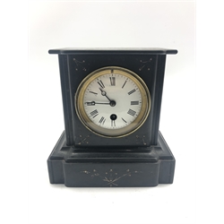 Victorian black slate clock, circular white enamel Roman dial, engraved and gilt decoration, single train movement stamped 'K&G, 1246', with pendulum, H20cm
