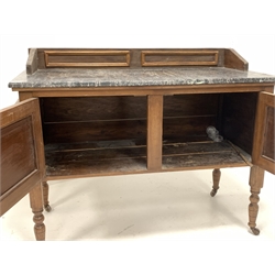 Edwardian walnut washstand, raised back over grey veined marble top, two cupboards, towel rail to each end, raised on turned supports and castors 