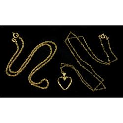 9ct gold fancy rope chain necklace and a 9ct gold heart pendant on chain, hallmarked