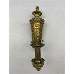 Victorian embossed gilt-brass Colza wall light, octagonal formed body with topped with finial, single scrolled arm culminating in light fitting, H31cm Sold at Sotheby's 1995 for £1380 