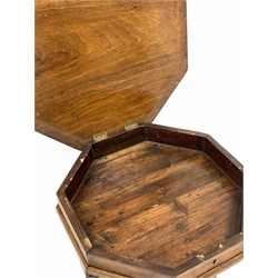 Victorian walnut games table, the octagonal top inlaid with rosewood and boxwood games board lifting to reveal storage area, raised on stained beach turned and block supports, W45cm