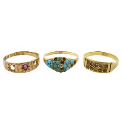 Early 20th century 20ct gold ring, 15ct turquoise ring and one other 9ct gold ring