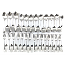 Suite of Old English pattern silver table cutlery comprising fourteen table forks, eight soup spoons, eight dessert spoons, sixteen dessert forks, six table spoons and a small ladle Sheffield 1965 Maker Cooper Bros & Sons Ltd 105oz