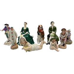 Royal Doulton figure of a spaniel with a pheasant HN1028, Lady and Gentleman from Williamsburg HN2227 and HN2228, Spode Chelsea figure and five bisque figures (9)