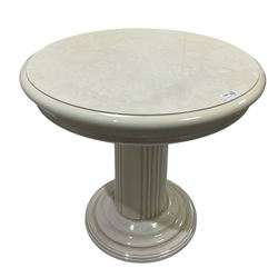 Italian classical style marble effect circular pedestal table, fluted column support with shaped plinth base