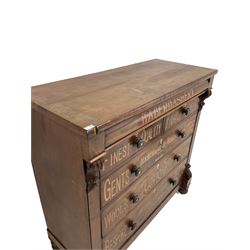 Victorian mahogany chest, frieze drawer over two short and three long drawer, with later haberdashery advertising lettering 