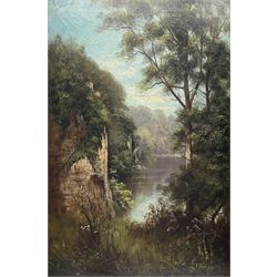 D Lawrence (British early 20th century): Lake Scene with Trees, oil on canvas signed 75cm x 50cm