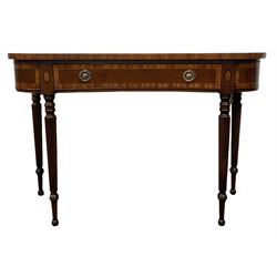 Burr walnut serpentine hall table, the serpentine top with satinwood string inlay over one frieze drawer, raised on turned and reeded supports 