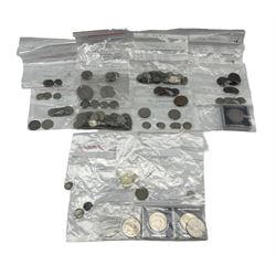 Mostly Great British coins, including various pre 1947 silver coins, pre decimal pennies, commemorative crowns etc