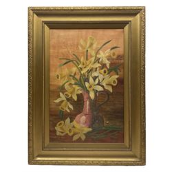 English School (Early to mid-20th century): Still Life of Daffodils and Giant Daisies in Vases, pair oils on canvas and board unsigned, housed in matching frames 52cm x 33cm (2)