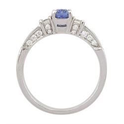 18ct white gold three stone radiant cut tanzanite and baguette cut diamond ring, with baguette cut diamond shoulders and round brilliant cut diamond sides, tanzanite approx 0.60 carat