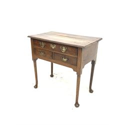 18th century George III oak lowboy side table, moulded top over one long and two short drawers, raised on turned supports with pad feet W79cm, D46cm, H72cm
