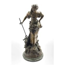 19th century patinated spelter figure of a lady collecting Grapes, after After Louis Auguste Moreau (1855-1919), later converted to a table lamp, on circular marble base, H64cm 