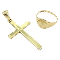 Gold cross pendant and a gold signet ring, both hallmarked 9ct