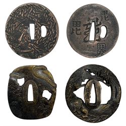 Four Japanese cast metal Tsuba, with varying decoration, W8cm max (4)