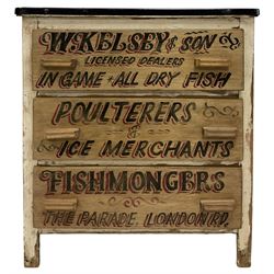 Painted pine chest, metal top over three drawers, with painted advertising lettering 