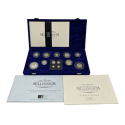 The Royal Mint United Kingdom Millennium silver coin collection, comprising thirteen silver proof coins including Maundy money, cased with certificate