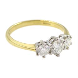 18ct gold three stone diamond ring, hallmarked, total diamond weight 0.75 carat