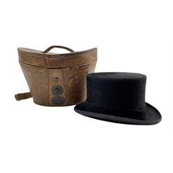 Black top hat by Christys, London, size 7 (57) in Victorian leather hat box 