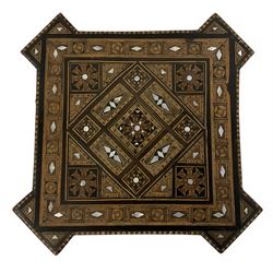Anglo-Indian inlaid plant stand, the square top with geometric pattern inlays in various woods and mother of pearl, on square supports with splayed terminals united by undertier 