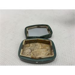 Hardstone Specimen trinket box with internal mirror, L6cm together with an Eastern silver-plated oil lamp with geometric engraved decoration, on circular spreading foot (2)