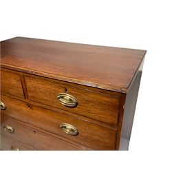 George III mahogany straight-front chest, rectangular top with reeded edge over two short and three long graduated drawers, fitted with oval plate and swing handles, on bracket feet